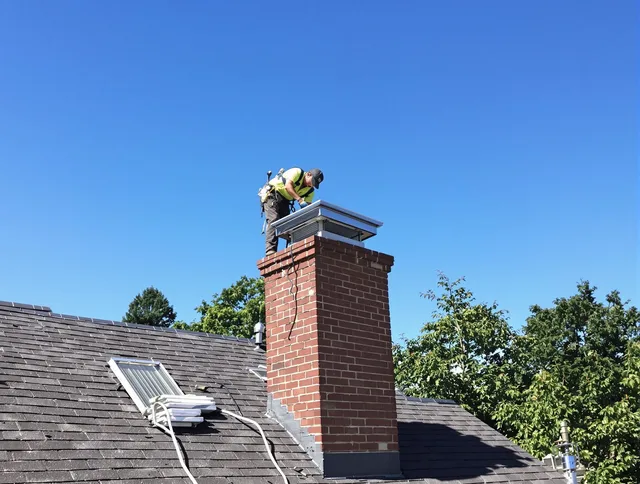 Palm Beach Gardens Chimney Sweep technician measuring a chimney cap in Palm Beach Gardens, FL
